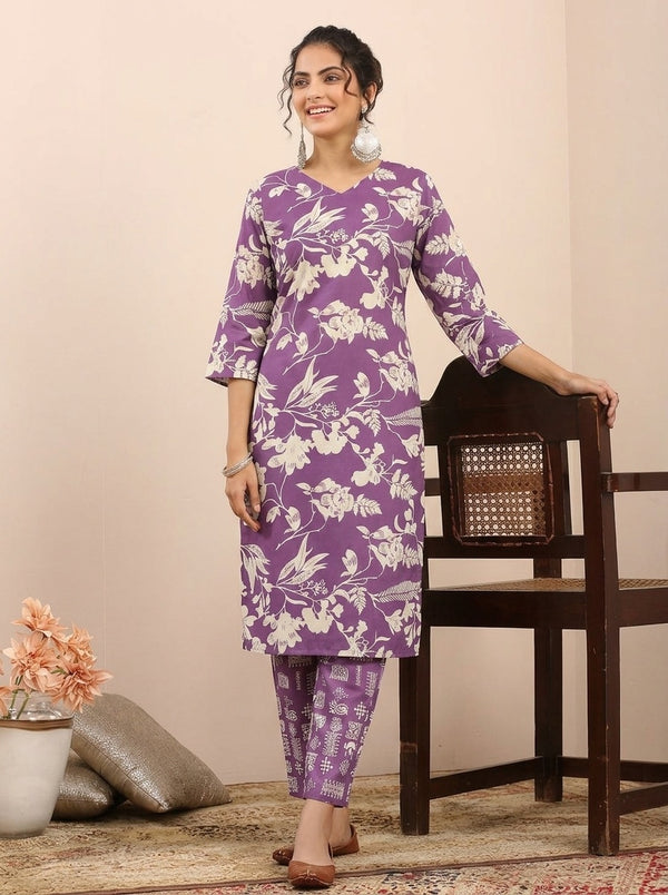 Purple Floral print kurta with pant set