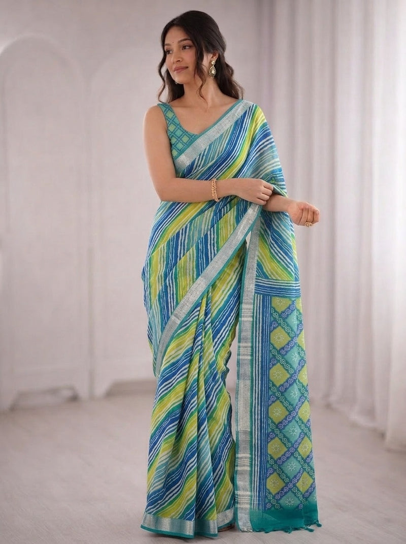 Teal printed saree with blouse piece