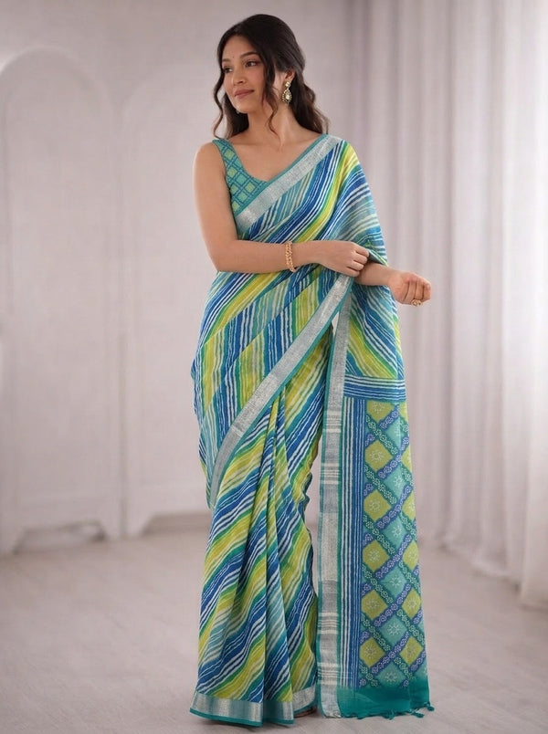 Teal printed saree with blouse piece