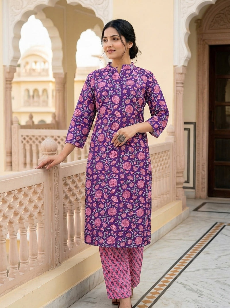 Purple Floral print kurta with pant set