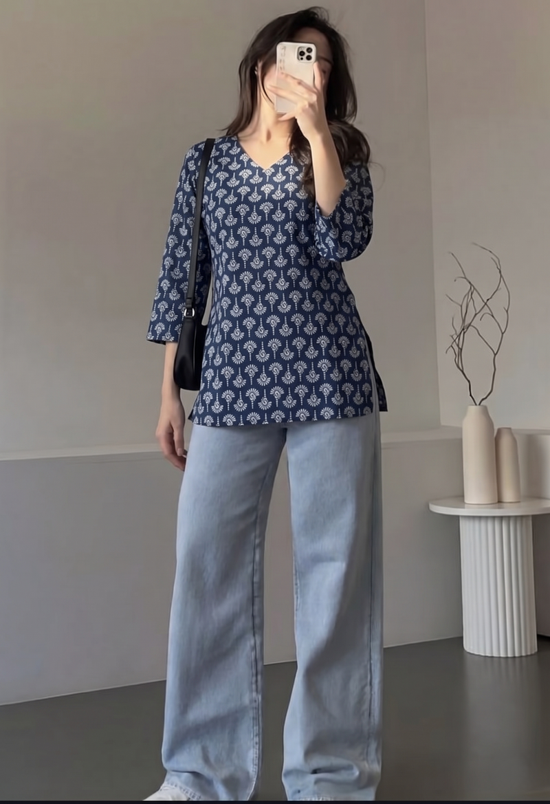 Navy Blue White Paisley Booti Printed 3/4 Sleeves V-Neck Short Kurti