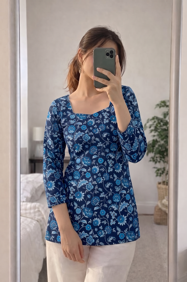 Navy Blue Floral Printed 3/4 Sleeves Square Neck Short Kurti