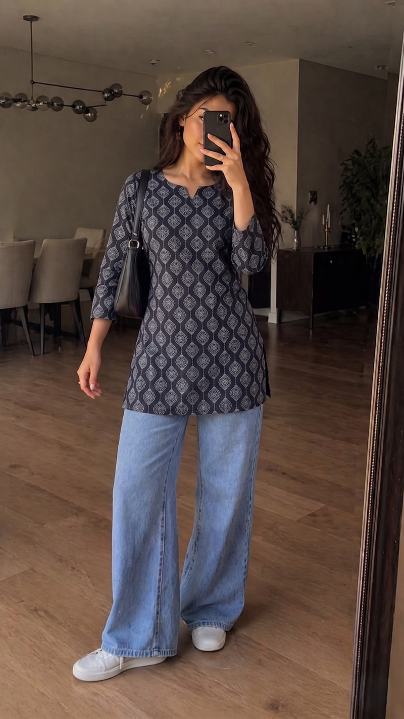 Black White Geometric Printed 3/4 Sleeves Short Kurti