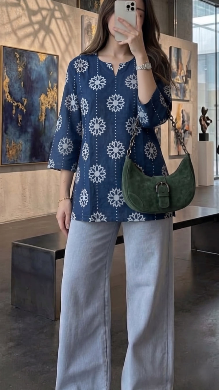 Navy Blue White Daisy Booti Printed 3/4 Sleeves Short Kurti