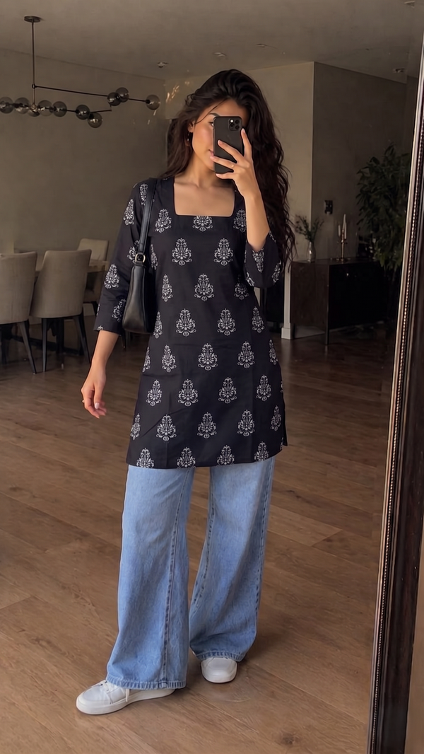 Black White Booti Printed 3/4 Sleeves Square Neck Kurti
