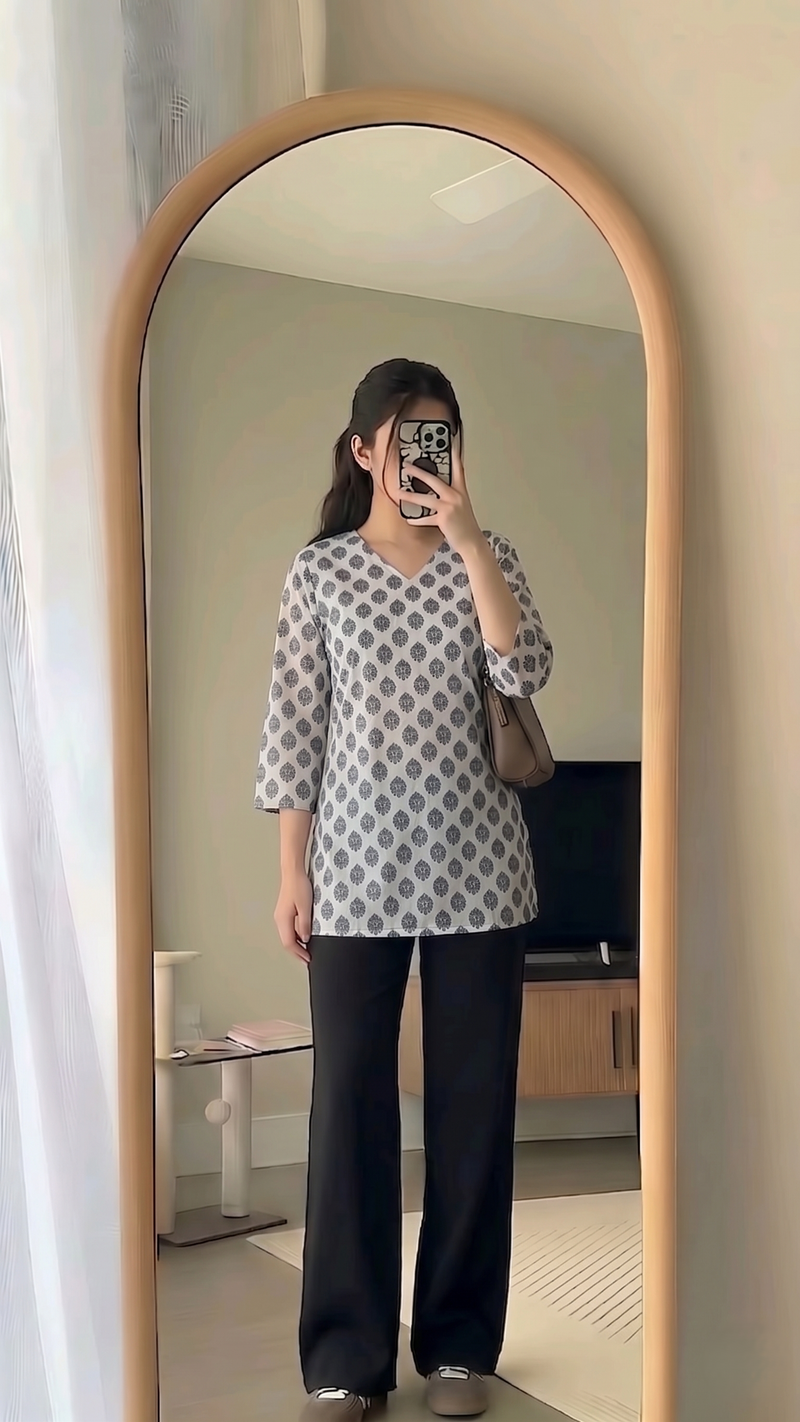 White Black Booti Printed 3/4 Sleeves V-Neck Short Kurti Top