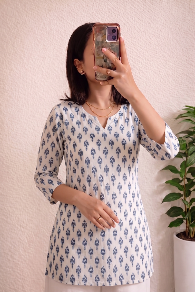White Blue Booti Printed 3/4 Sleeves Short Kurti