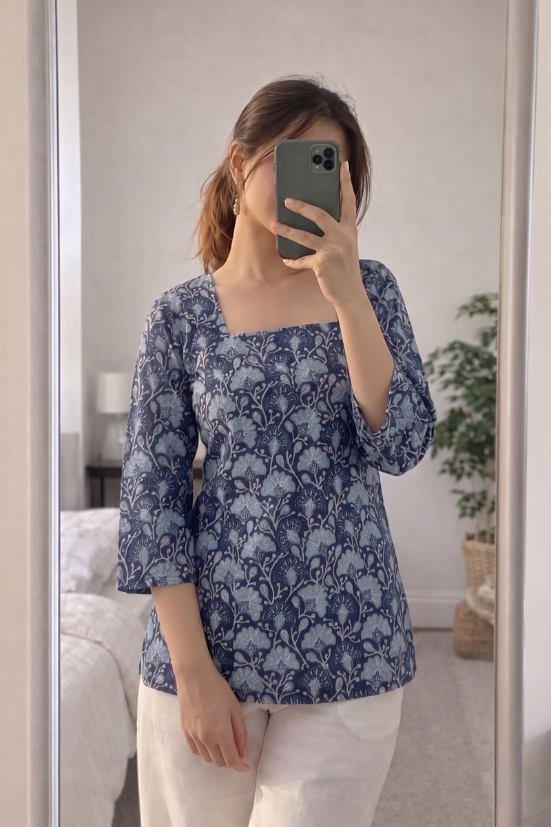 Navy Blue Floral Printed 3/4 Sleeves Square Neck Short Kurti