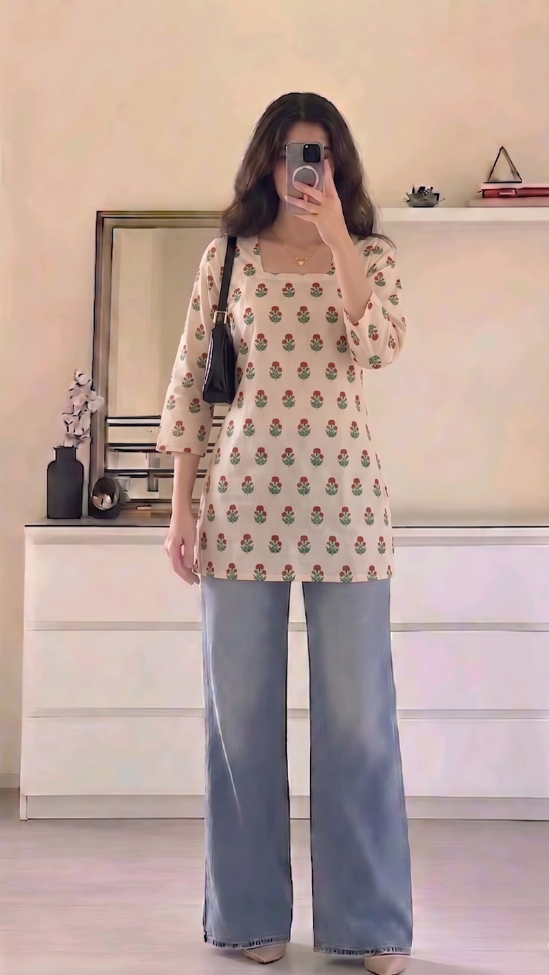 Cream Red Green Floral Booti Printed 3/4 Sleeves Square Neck Short Kurti