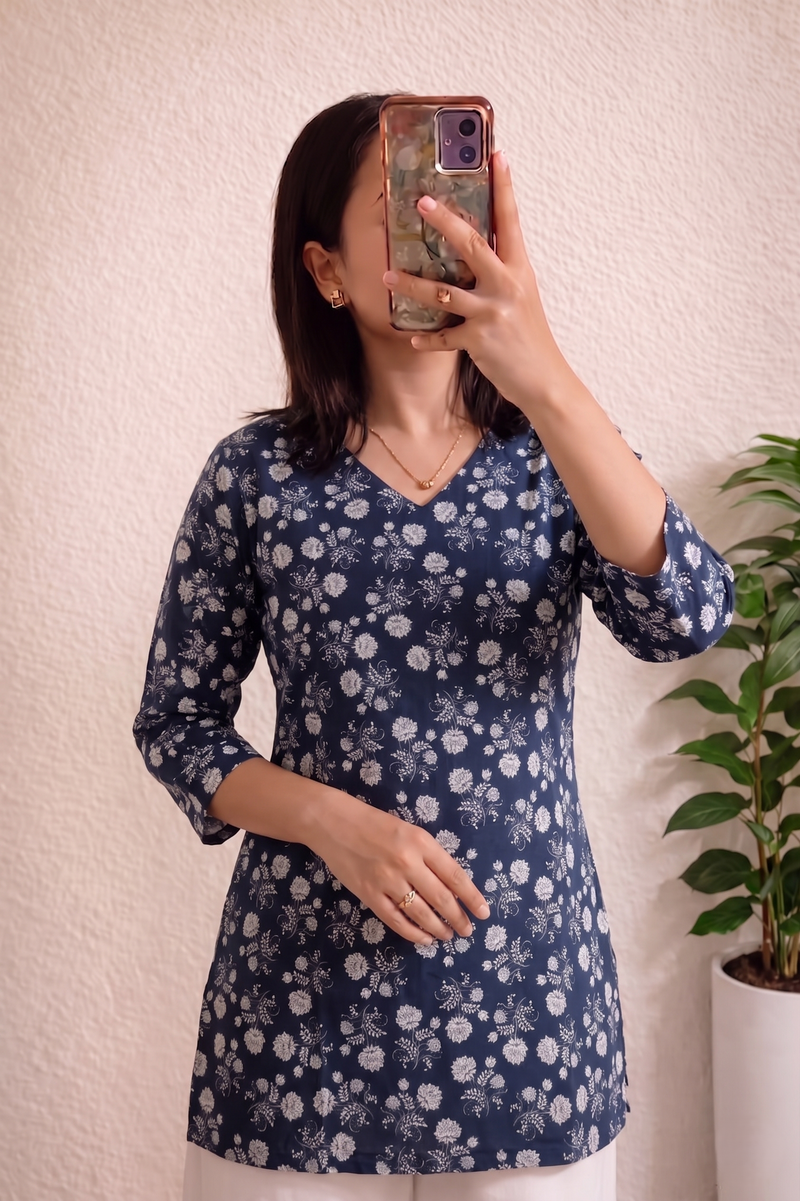 Navy Blue White Floral Printed 3/4 Sleeves V-Neck Short Kurti