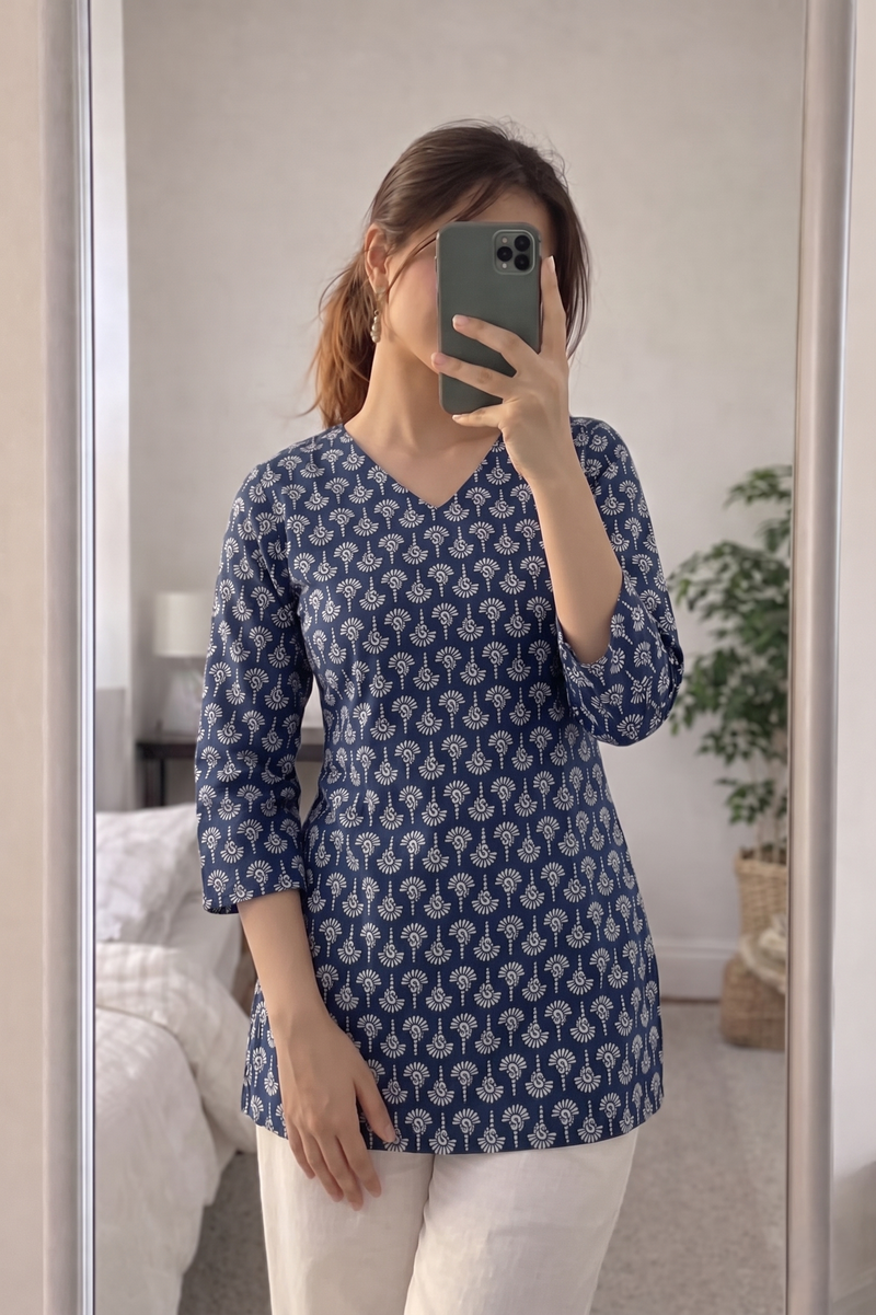 Navy Blue White Paisley Booti Printed 3/4 Sleeves V-Neck Short Kurti