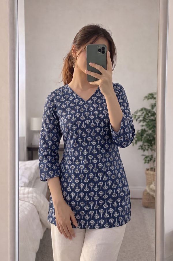 Navy Blue White Paisley Booti Printed 3/4 Sleeves V-Neck Short Kurti
