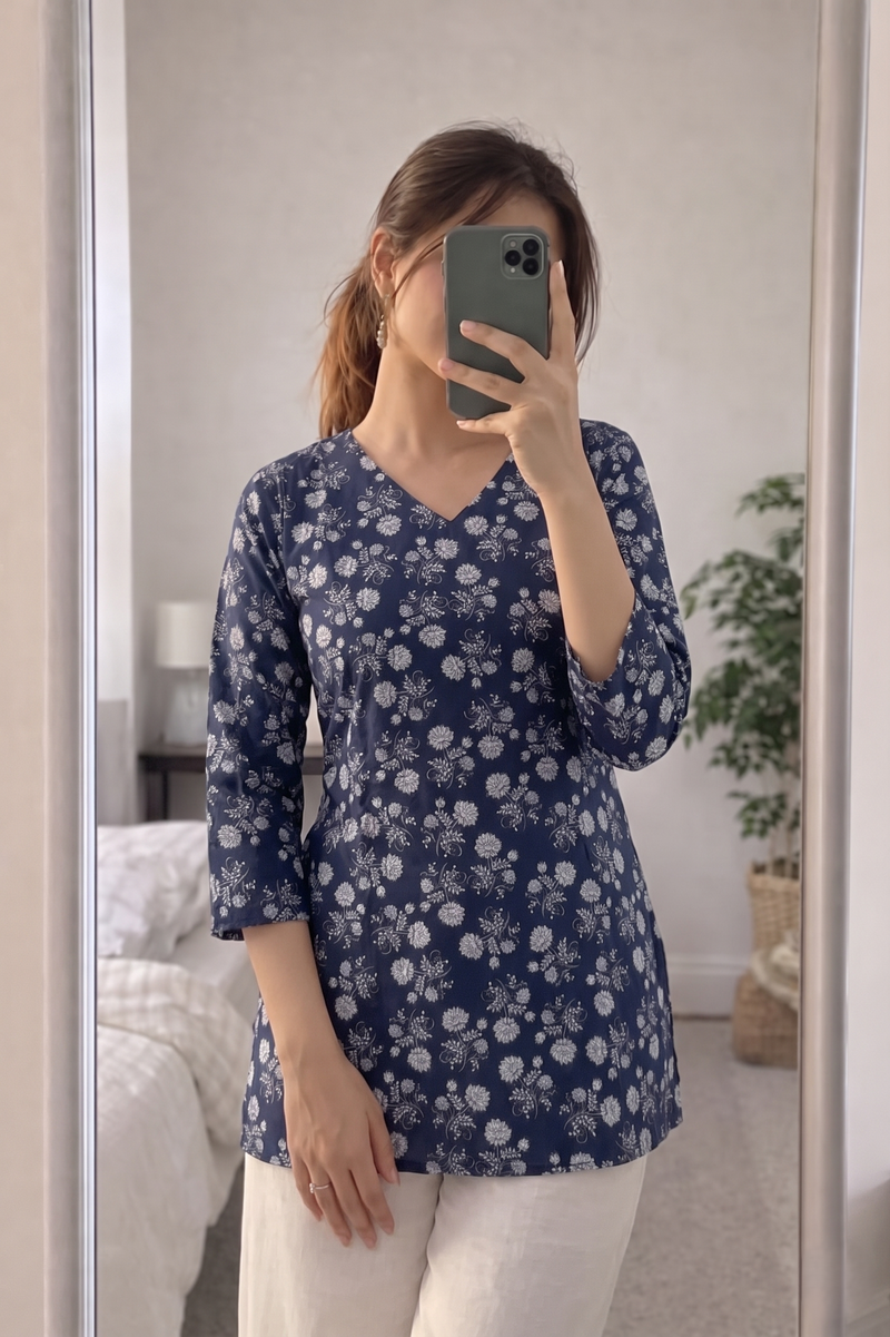 Navy Blue White Floral Printed 3/4 Sleeves V-Neck Short Kurti