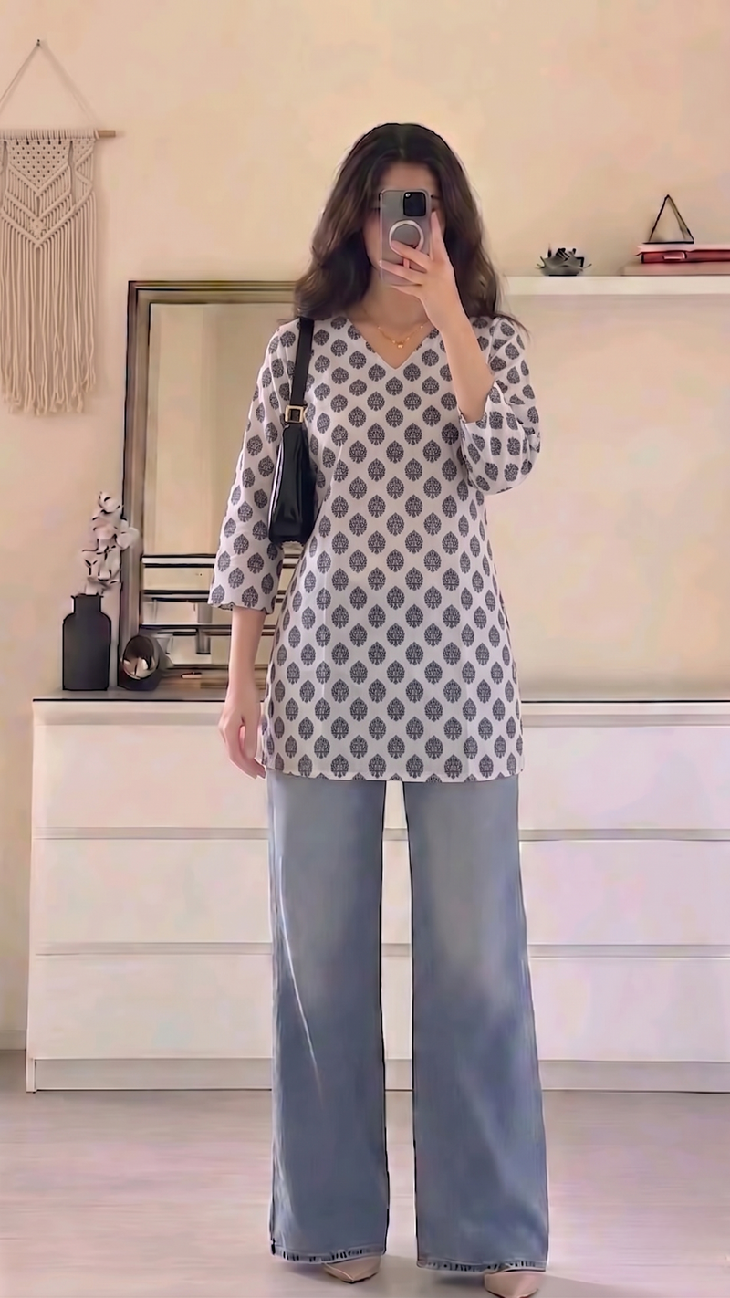 White Black Booti Printed 3/4 Sleeves V-Neck Short Kurti Top
