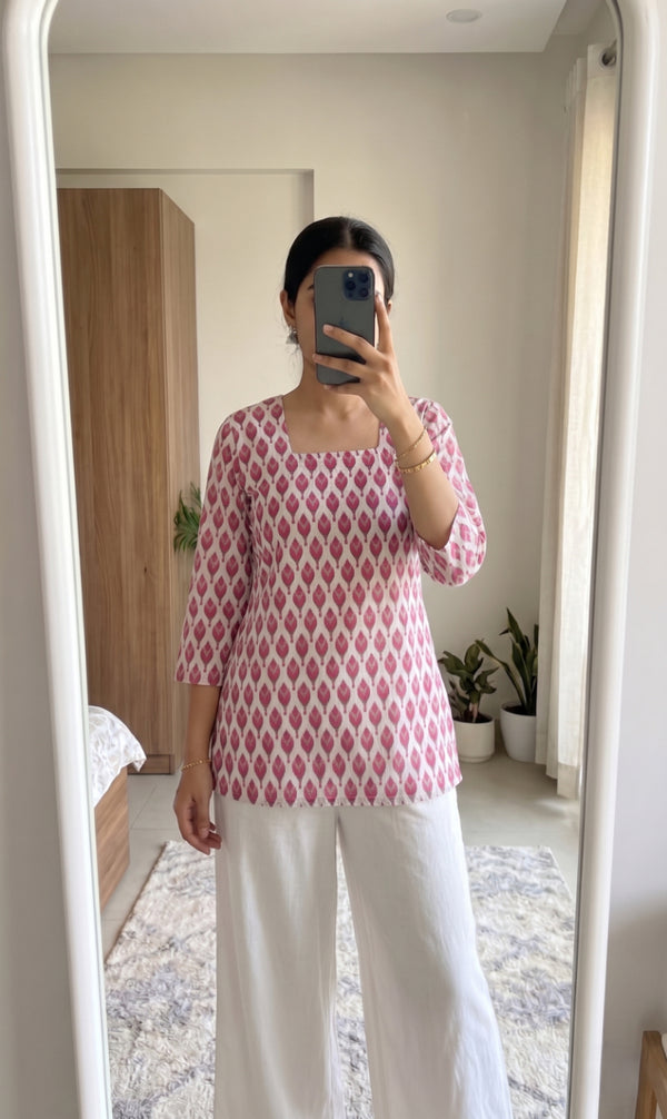 White Pink Ikat Booti Printed 3/4 Sleeves Square Neck Short Kurti
