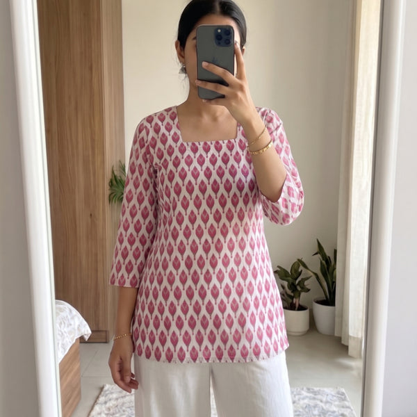 White Pink Ikat Booti Printed 3/4 Sleeves Square Neck Short Kurti