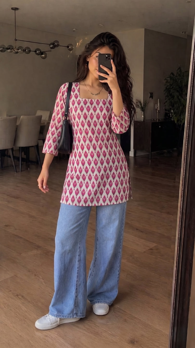 White Pink Ikat Booti Printed 3/4 Sleeves Square Neck Short Kurti