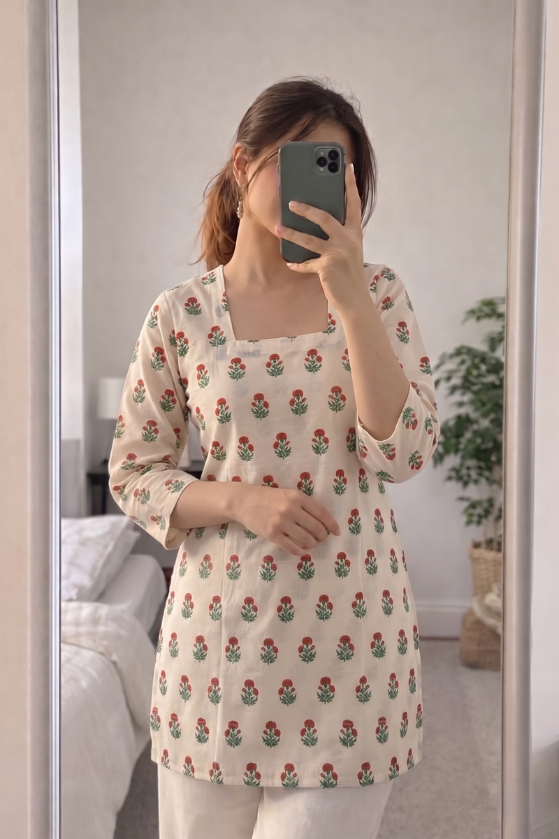 Cream Red Green Floral Booti Printed 3/4 Sleeves Square Neck Short Kurti
