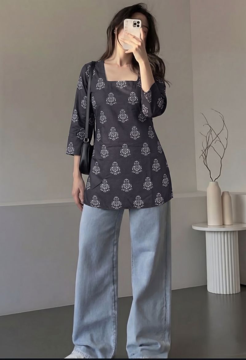 Black White Booti Printed 3/4 Sleeves Square Neck Kurti