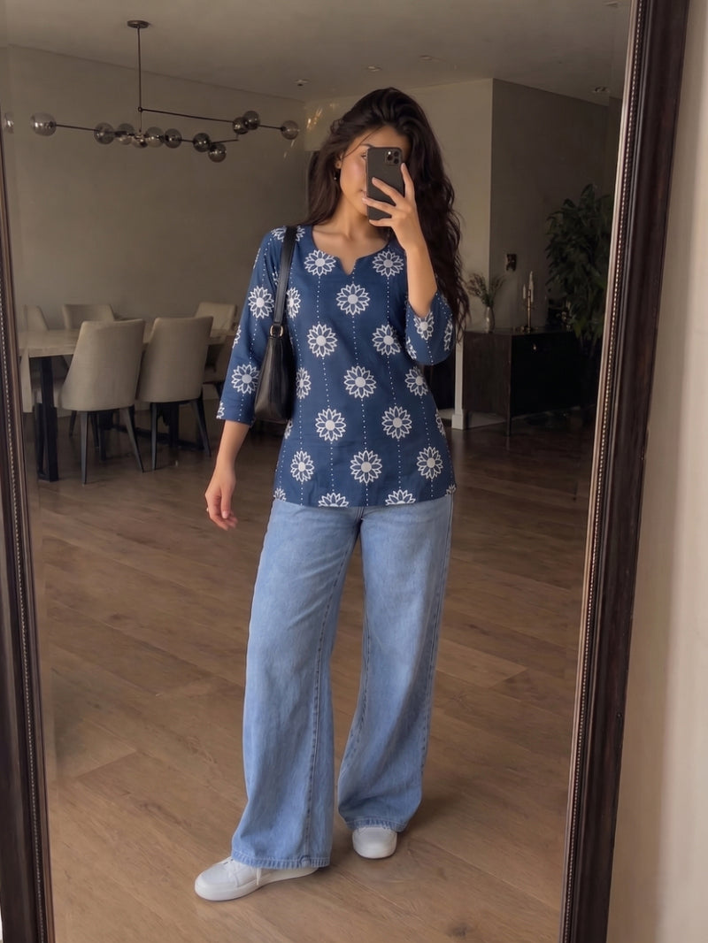 Navy Blue White Daisy Booti Printed 3/4 Sleeves Short Kurti