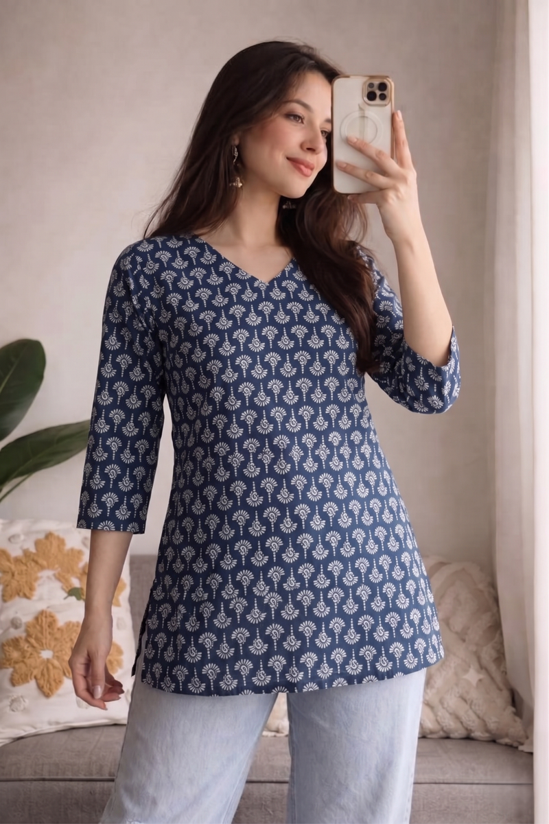 Navy Blue White Paisley Booti Printed 3/4 Sleeves V-Neck Short Kurti