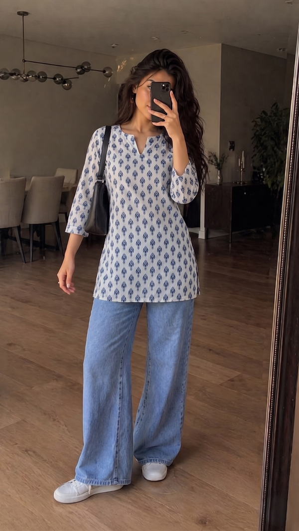 White Blue Booti Printed 3/4 Sleeves Short Kurti
