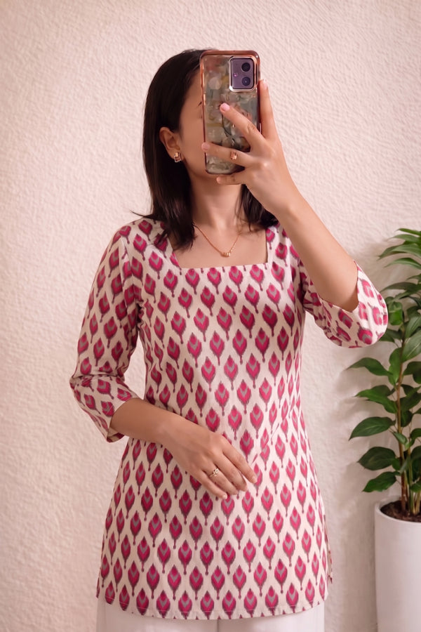 White Pink Ikat Booti Printed 3/4 Sleeves Square Neck Short Kurti