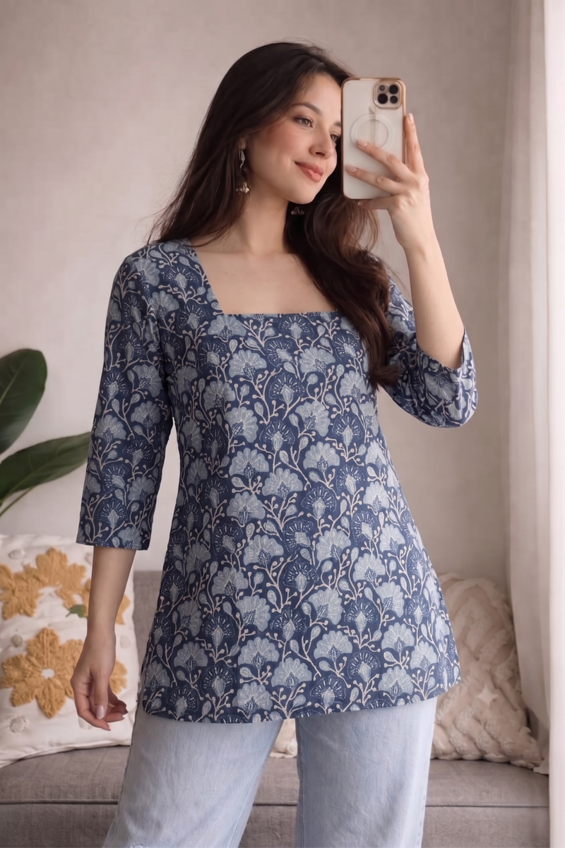 Navy Blue Floral Printed 3/4 Sleeves Square Neck Short Kurti