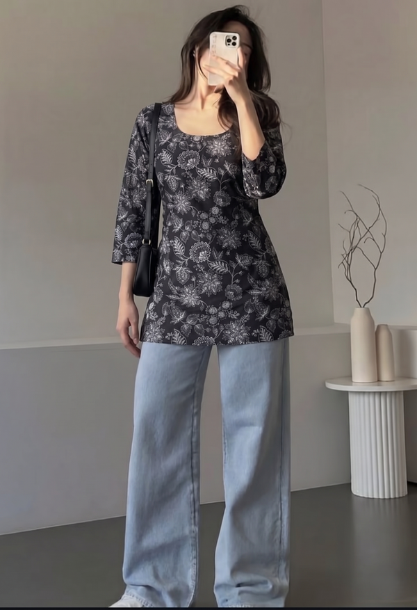 Black White Floral Printed 3/4 Sleeves Square Neck Short Kurti