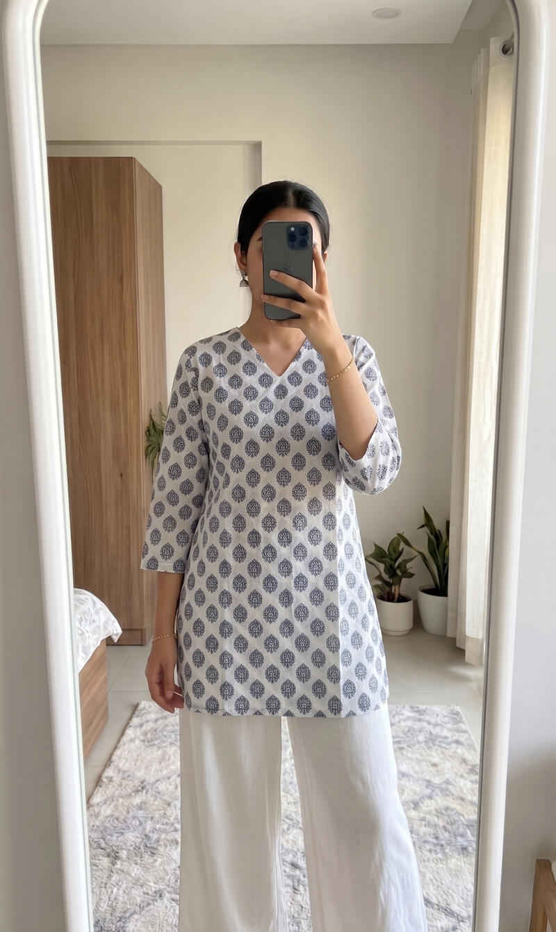 White Black Booti Printed 3/4 Sleeves V-Neck Short Kurti Top