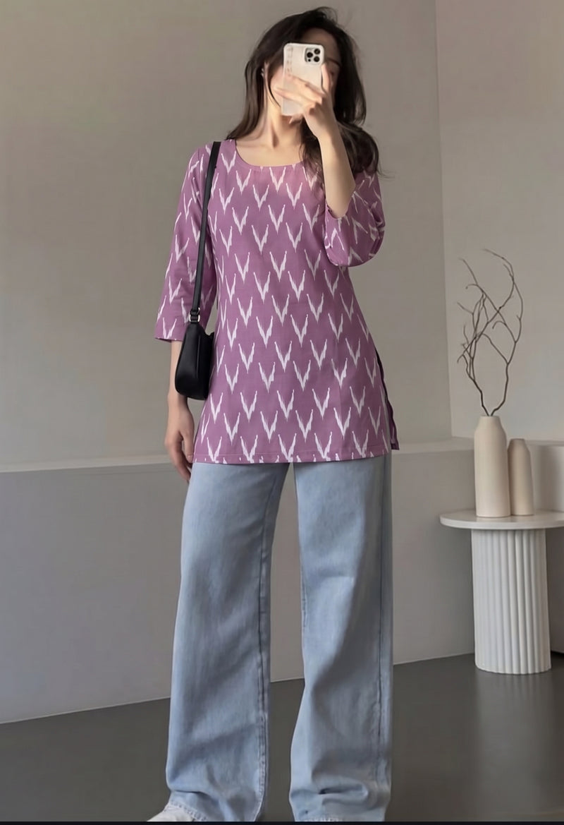Lavender Purple Ikat Chevron Printed 3/4 Sleeves Round Neck Short Kurti