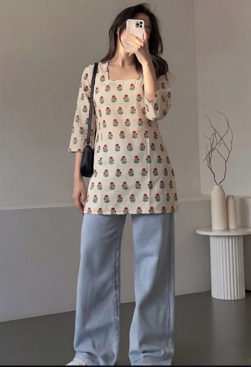 Cream Red Green Floral Booti Printed 3/4 Sleeves Square Neck Short Kurti
