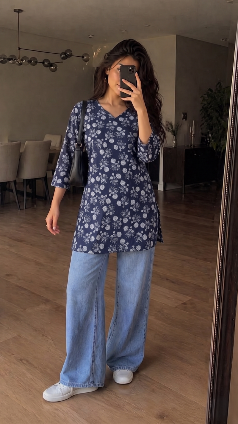 Navy Blue White Floral Printed 3/4 Sleeves V-Neck Short Kurti