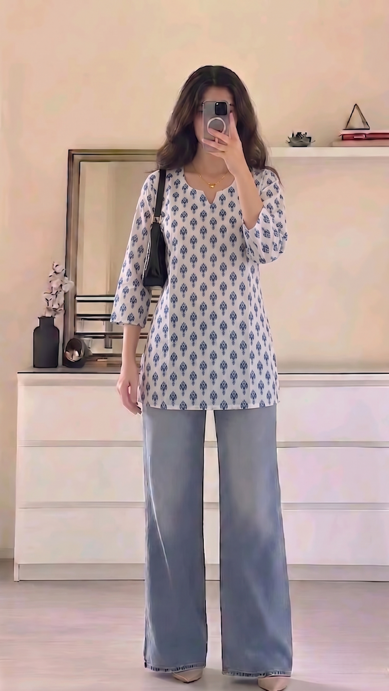 White Blue Booti Printed 3/4 Sleeves Short Kurti