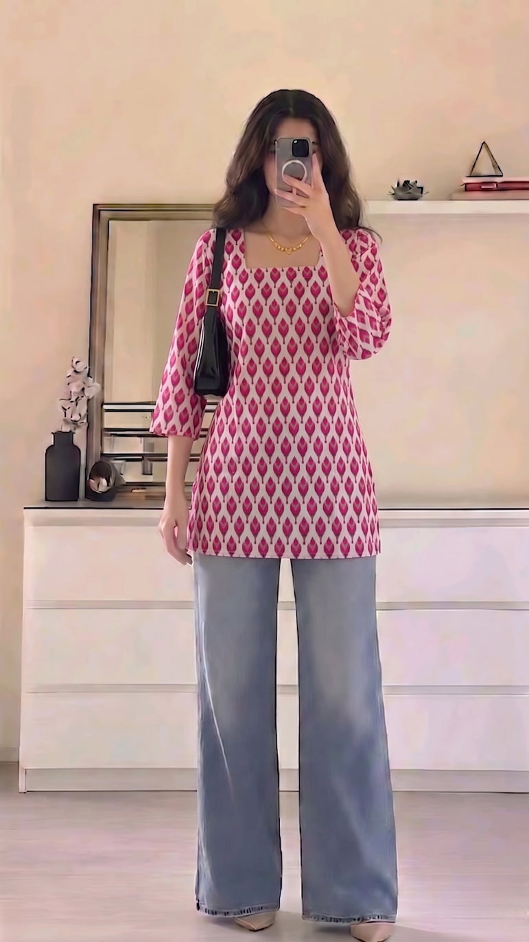 White Pink Ikat Booti Printed 3/4 Sleeves Square Neck Short Kurti