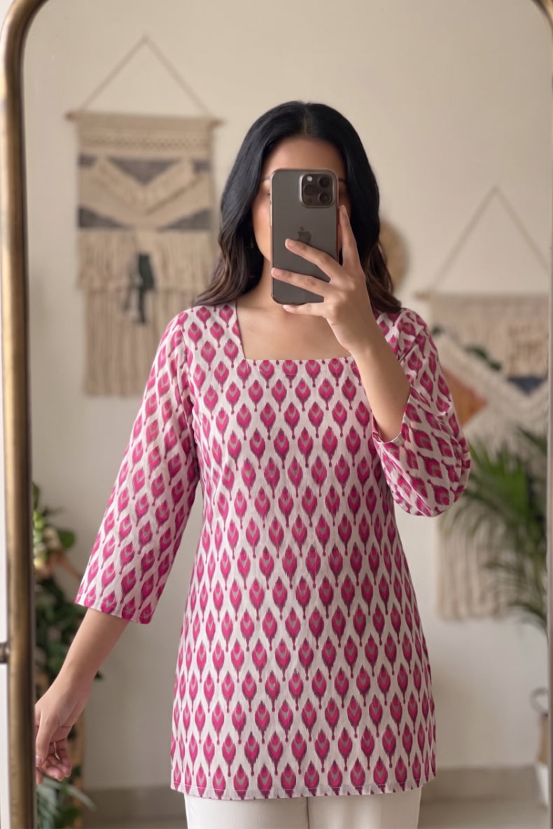 White Pink Ikat Booti Printed 3/4 Sleeves Square Neck Short Kurti
