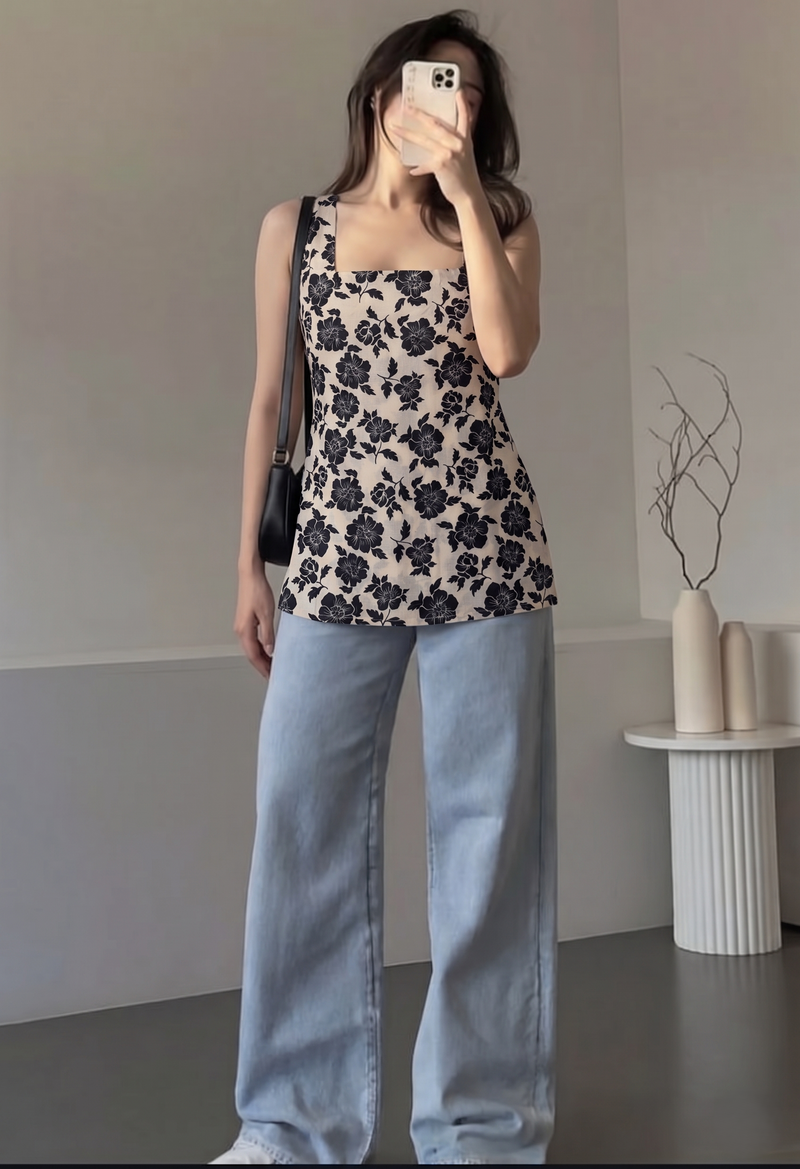 Beige Black Floral Printed Sleeveless Square Neck Short Kurti