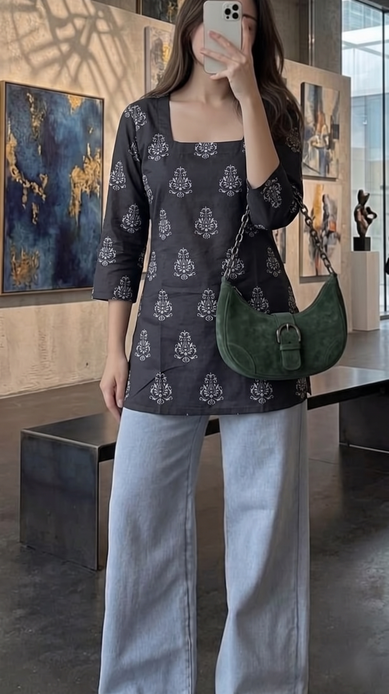 Black White Booti Printed 3/4 Sleeves Square Neck Kurti