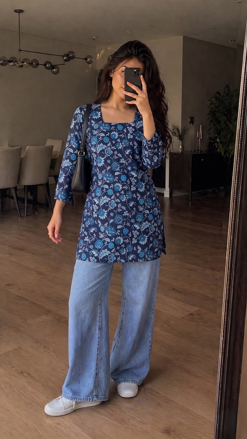 Navy Blue Floral Printed 3/4 Sleeves Square Neck Short Kurti