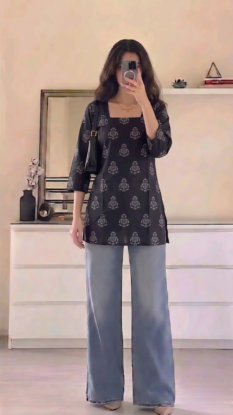 Black White Booti Printed 3/4 Sleeves Square Neck Kurti