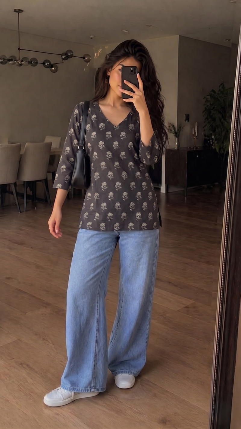 Black White Floral Booti Printed 3/4 Sleeves V-Neck Short Kurti