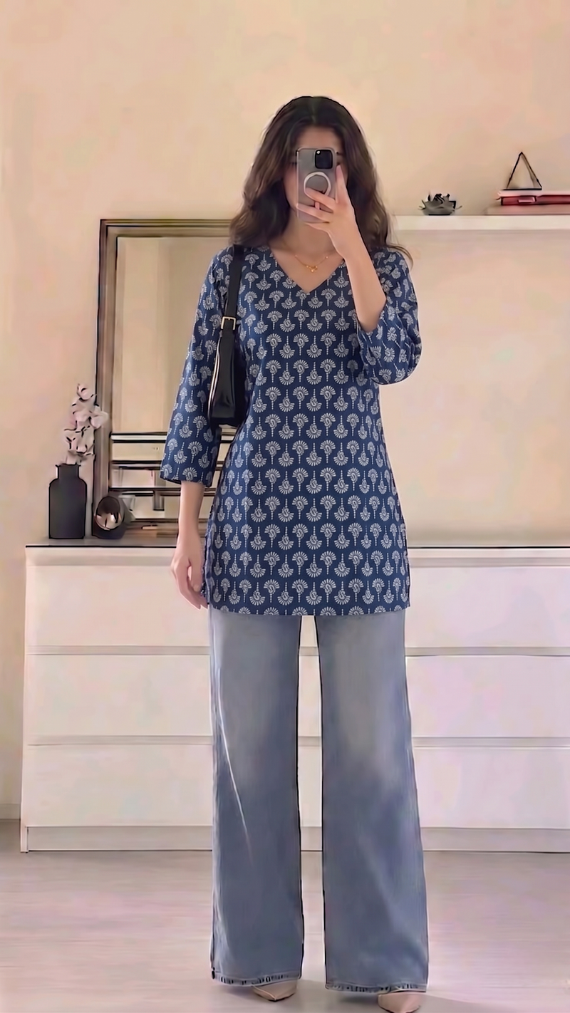 Navy Blue White Paisley Booti Printed 3/4 Sleeves V-Neck Short Kurti