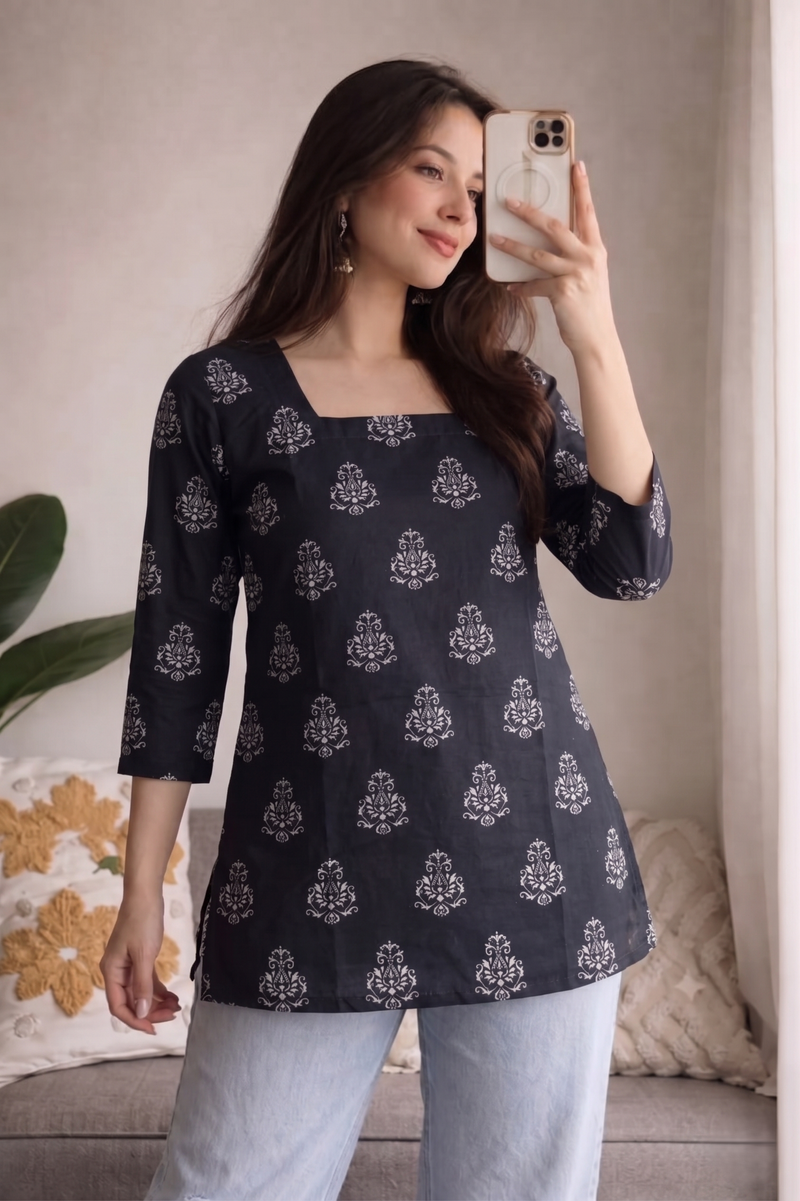 Black White Booti Printed 3/4 Sleeves Square Neck Kurti