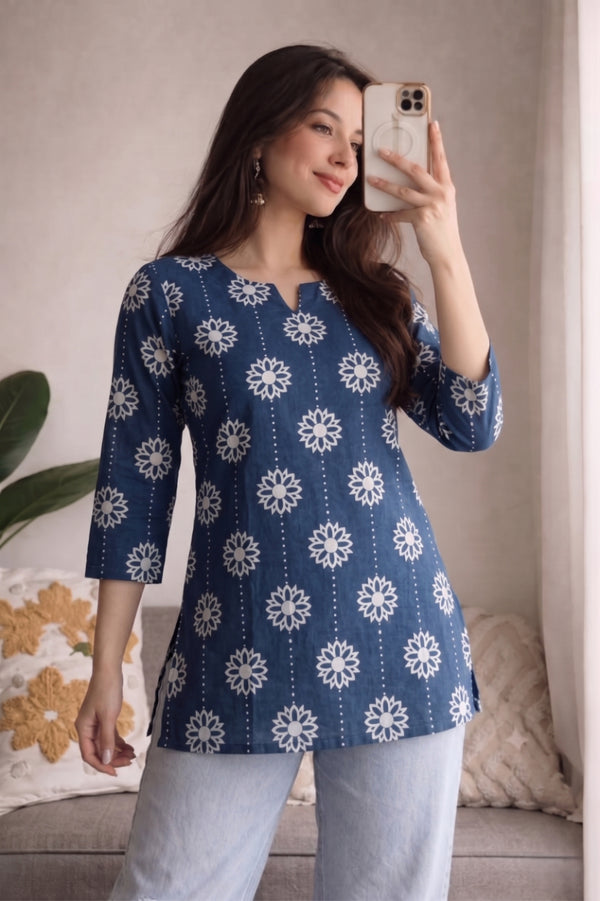 Navy Blue White Daisy Booti Printed 3/4 Sleeves Short Kurti