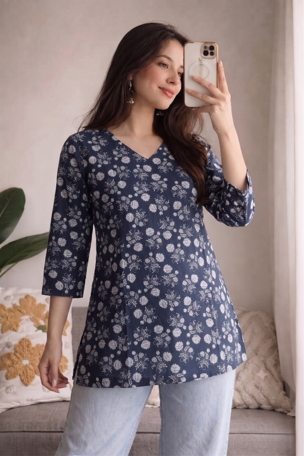 Navy Blue White Floral Printed 3/4 Sleeves V-Neck Short Kurti