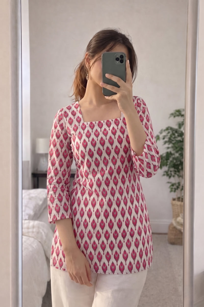 White Pink Ikat Booti Printed 3/4 Sleeves Square Neck Short Kurti