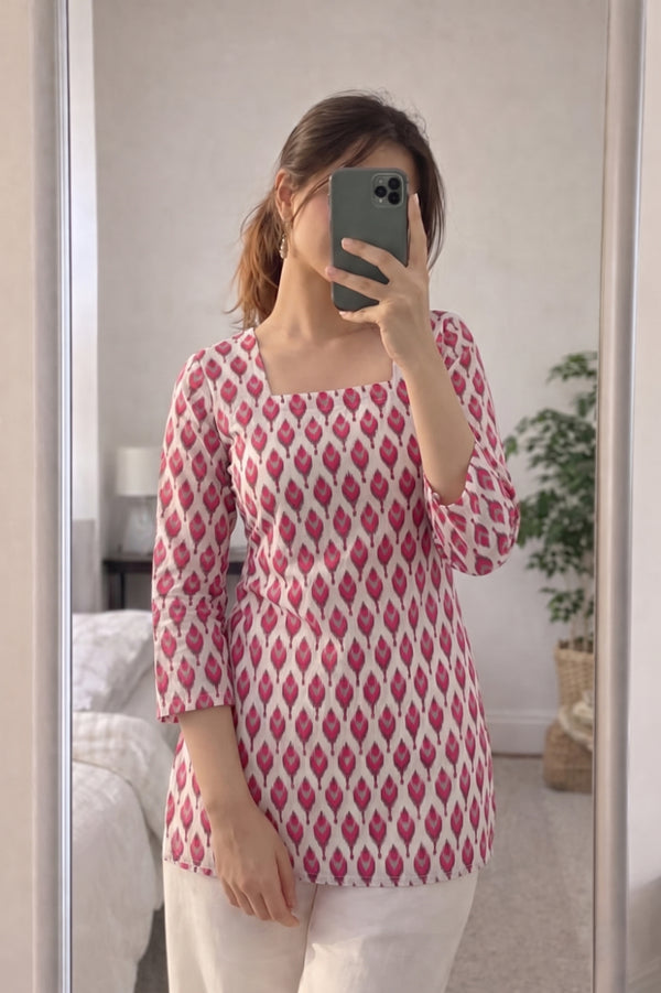 White Pink Ikat Booti Printed 3/4 Sleeves Square Neck Short Kurti