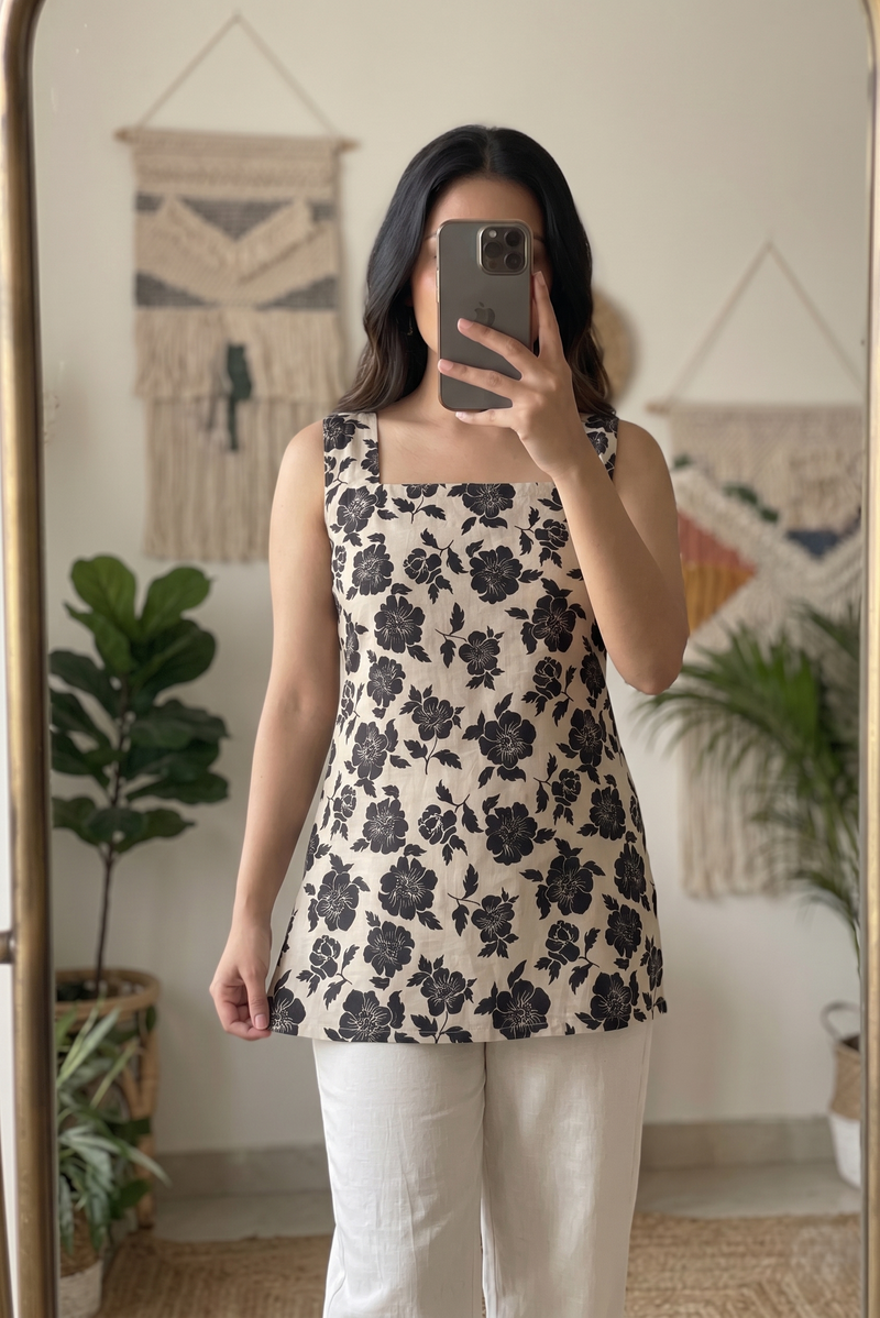 Beige Black Floral Printed Sleeveless Square Neck Short Kurti