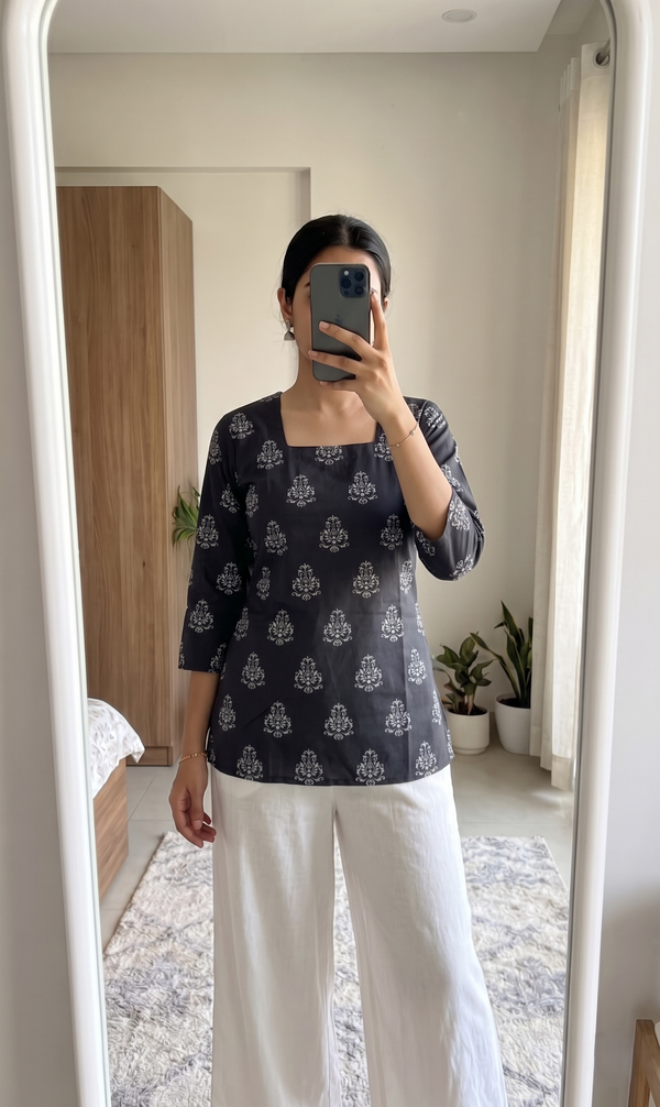 Black White Booti Printed 3/4 Sleeves Square Neck Kurti