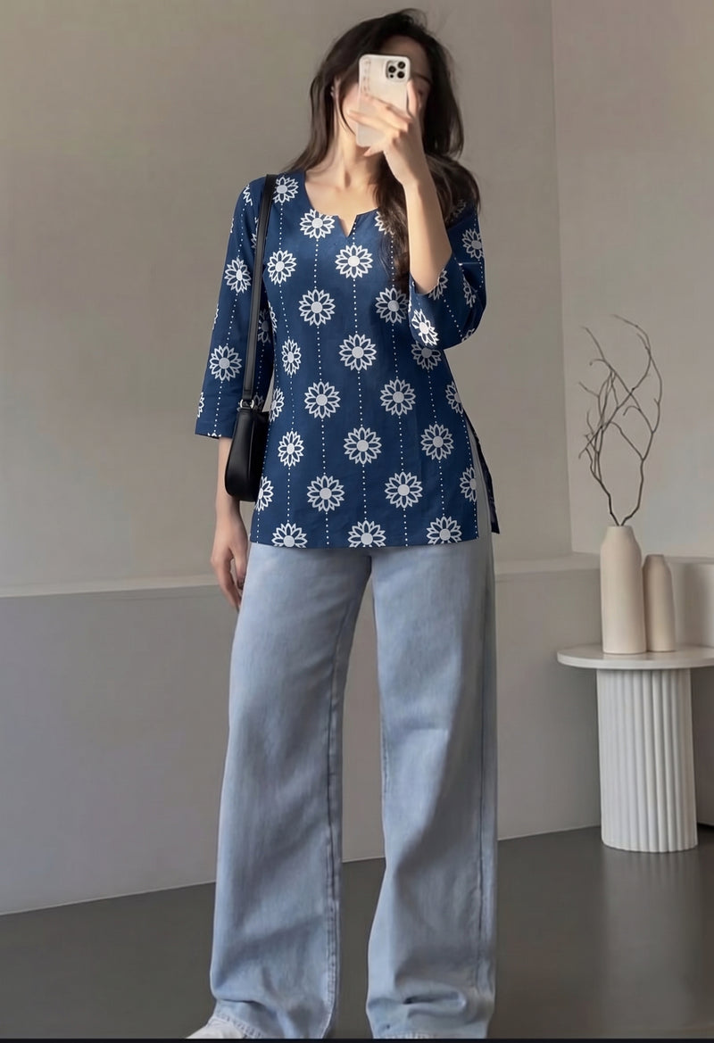 Navy Blue White Daisy Booti Printed 3/4 Sleeves Short Kurti